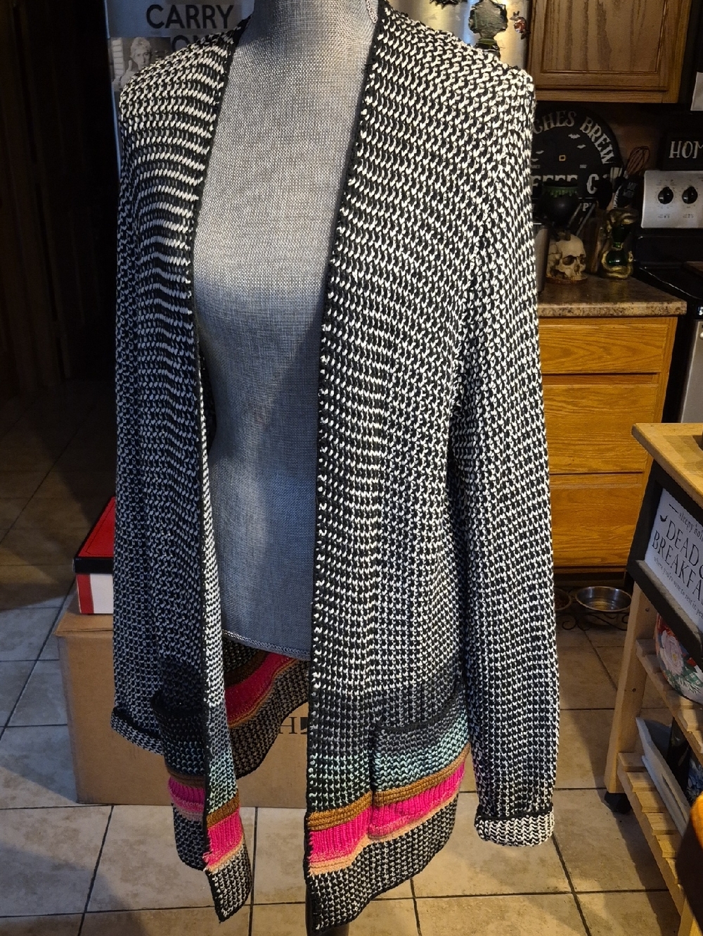 Maurices Black & White Open-Front Cardigan with Multicolor Stripe Hem